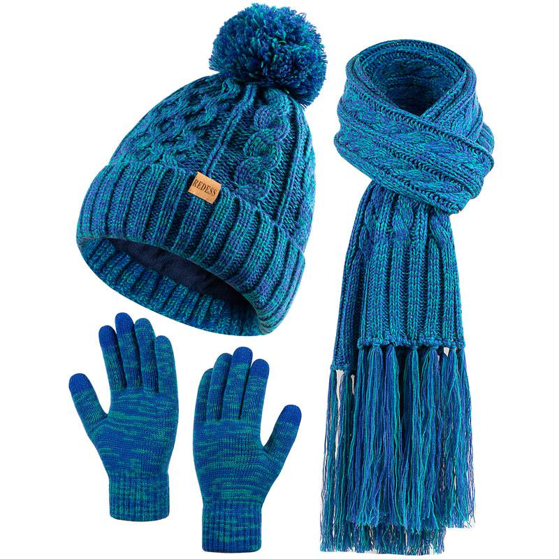 3PC Fleece Lined Beanie with Gloves and Long Warm Scarf