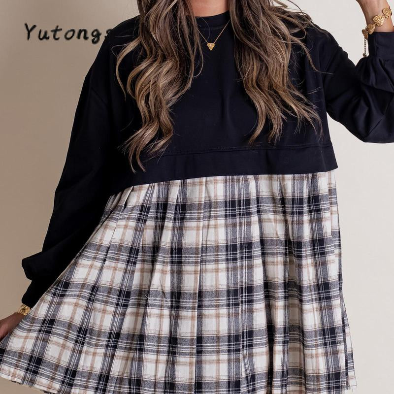Women Long Sleeve Autumn Short T-Shirt round Neck Plaid Print Patchwork Dress