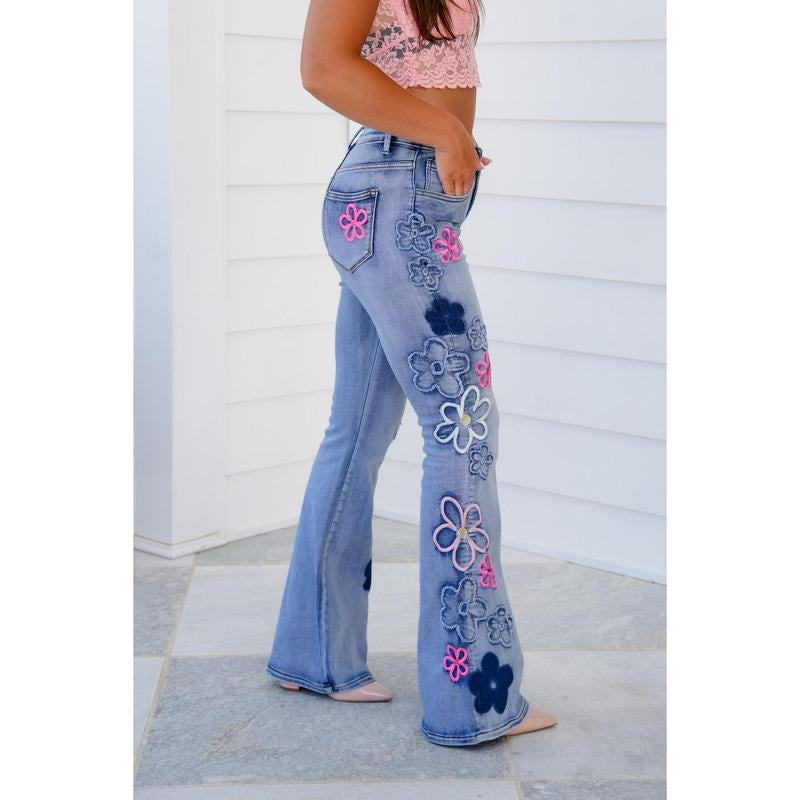 Mineral Wash Embroidered Retro Flower Flare Leg Denim Pants