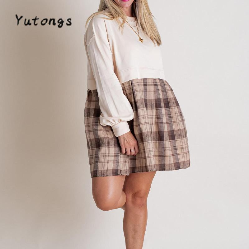 Women Long Sleeve Autumn Short T-Shirt round Neck Plaid Print Patchwork Dress