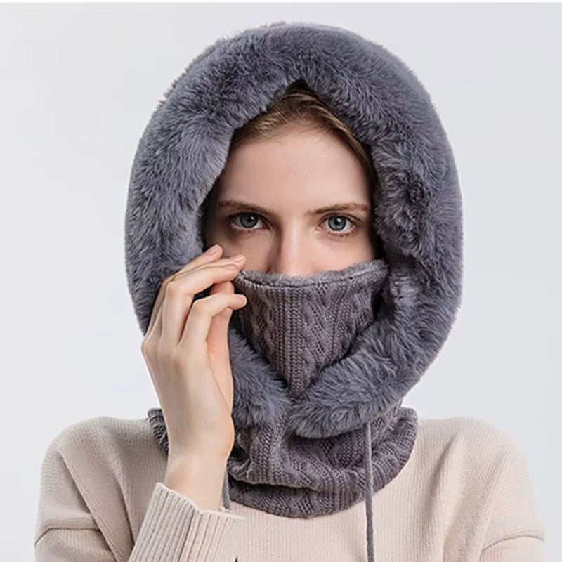 Women 3 In1 Knitted Caps Winter Warmer Unisex Hooded Hat Neck Collar Scarf Cap for Men&Women Ski Beanie Hats Cold Hat Balaclava