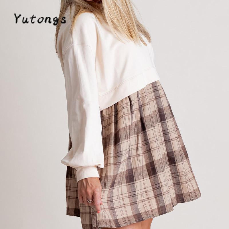 Women Long Sleeve Autumn Short T-Shirt round Neck Plaid Print Patchwork Dress