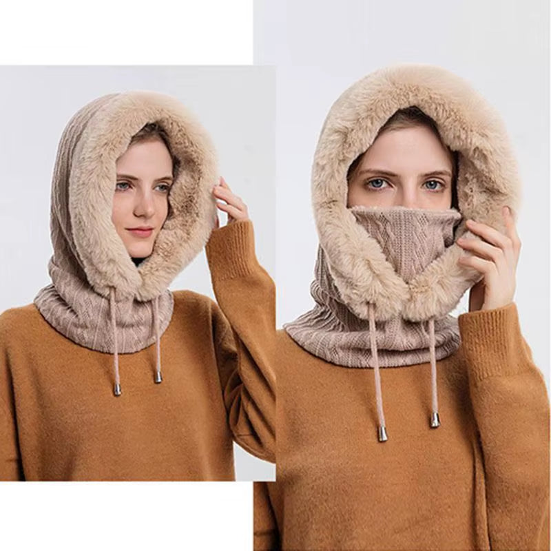 Women 3 In1 Knitted Caps Winter Warmer Unisex Hooded Hat Neck Collar Scarf Cap for Men&Women Ski Beanie Hats Cold Hat Balaclava