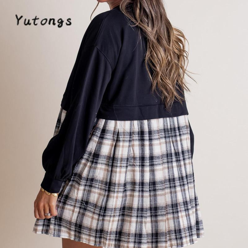 Women Long Sleeve Autumn Short T-Shirt round Neck Plaid Print Patchwork Dress
