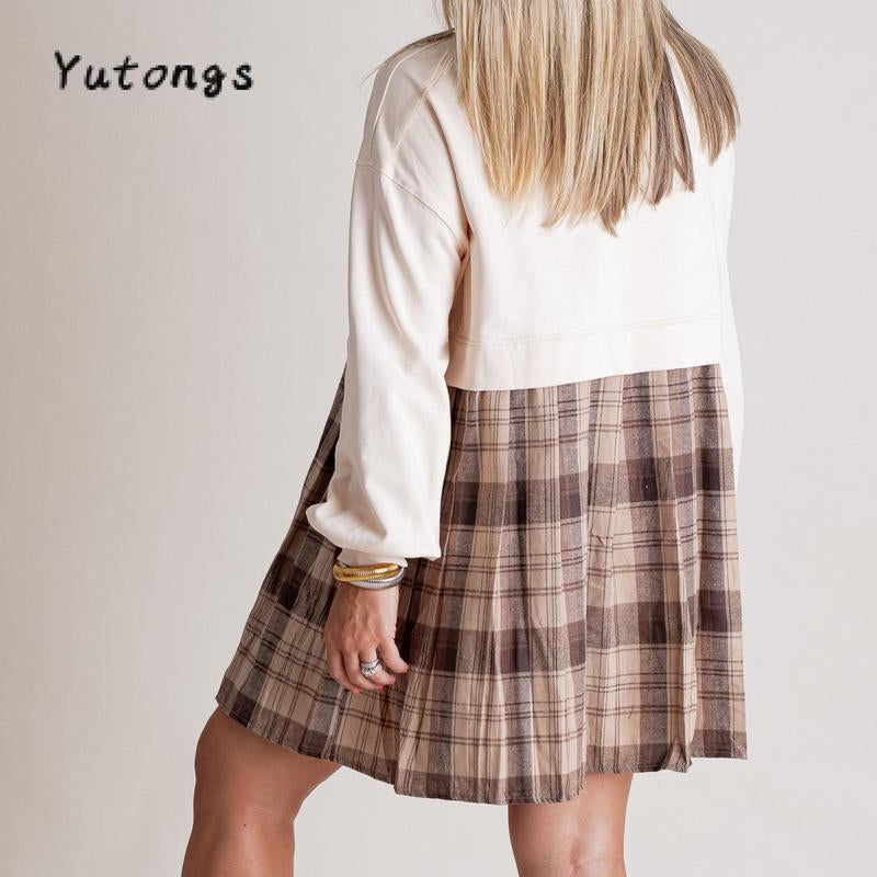 Women Long Sleeve Autumn Short T-Shirt round Neck Plaid Print Patchwork Dress