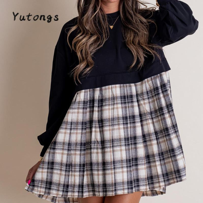 Women Long Sleeve Autumn Short T-Shirt round Neck Plaid Print Patchwork Dress