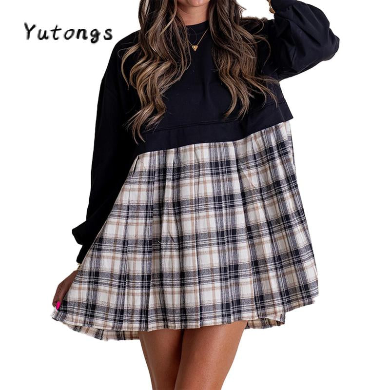 Women Long Sleeve Autumn Short T-Shirt round Neck Plaid Print Patchwork Dress