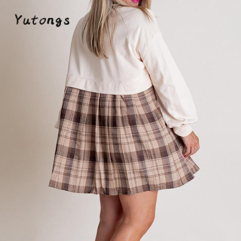 Women Long Sleeve Autumn Short T-Shirt round Neck Plaid Print Patchwork Dress