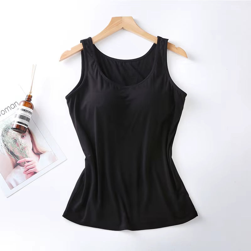 2023 Women'S Vest Tops with Built in Bra Neck Vest Solid Color Padded Slim Fit Tank Tops Sexy Shirts Feminino Casual Tank Tops