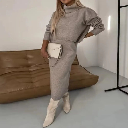 Women'S Elegant Urban Suits 2025 Autumn Winter Latest Lazy Long Sleeve Knitted Shirt High Waist Hip Wrapped Skirt Two Piece Set