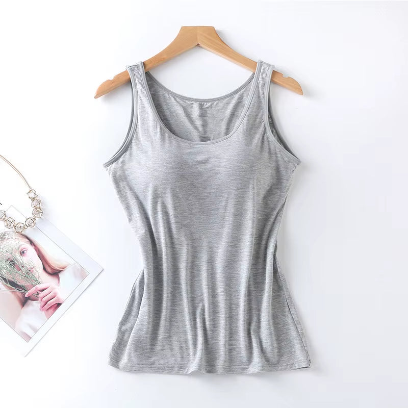 2023 Women'S Vest Tops with Built in Bra Neck Vest Solid Color Padded Slim Fit Tank Tops Sexy Shirts Feminino Casual Tank Tops