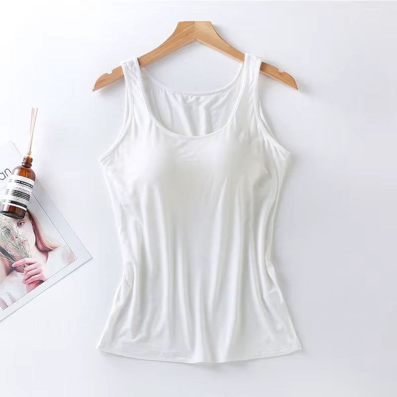 2023 Women'S Vest Tops with Built in Bra Neck Vest Solid Color Padded Slim Fit Tank Tops Sexy Shirts Feminino Casual Tank Tops