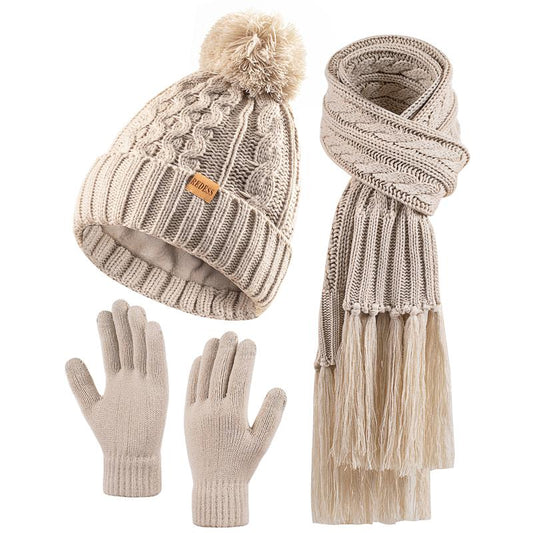 3PC Fleece Lined Beanie with Gloves and Long Warm Scarf