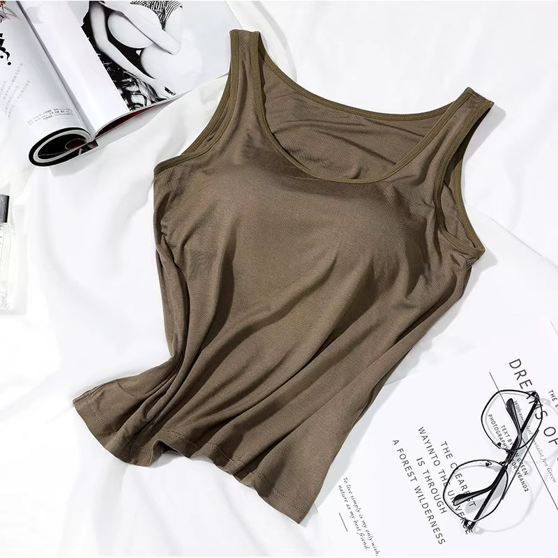 2023 Women'S Vest Tops with Built in Bra Neck Vest Solid Color Padded Slim Fit Tank Tops Sexy Shirts Feminino Casual Tank Tops