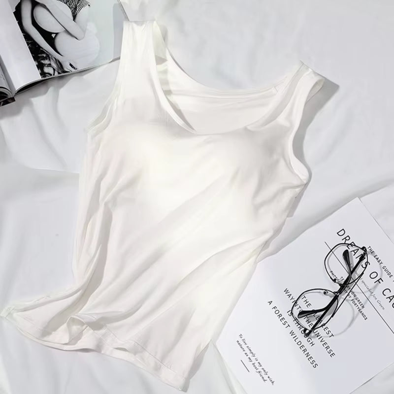 2023 Women'S Vest Tops with Built in Bra Neck Vest Solid Color Padded Slim Fit Tank Tops Sexy Shirts Feminino Casual Tank Tops