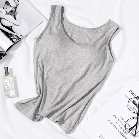 2023 Women'S Vest Tops with Built in Bra Neck Vest Solid Color Padded Slim Fit Tank Tops Sexy Shirts Feminino Casual Tank Tops