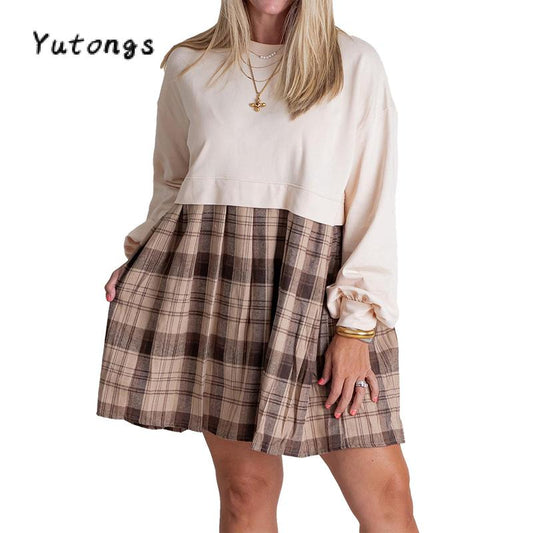Women Long Sleeve Autumn Short T-Shirt round Neck Plaid Print Patchwork Dress