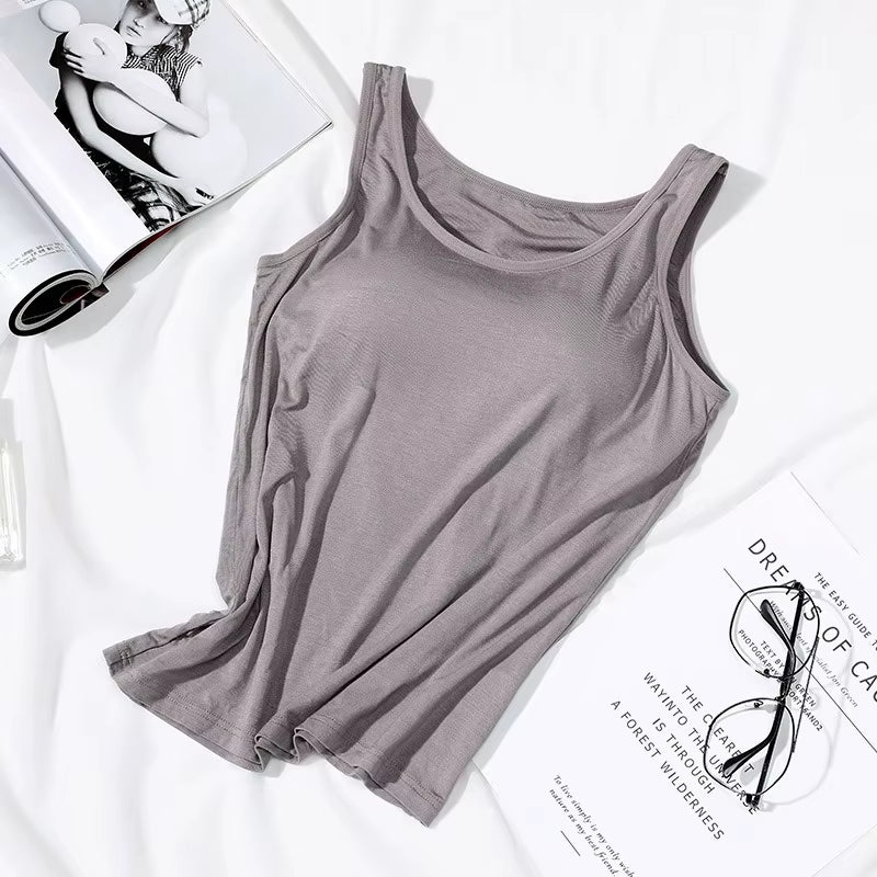 2023 Women'S Vest Tops with Built in Bra Neck Vest Solid Color Padded Slim Fit Tank Tops Sexy Shirts Feminino Casual Tank Tops