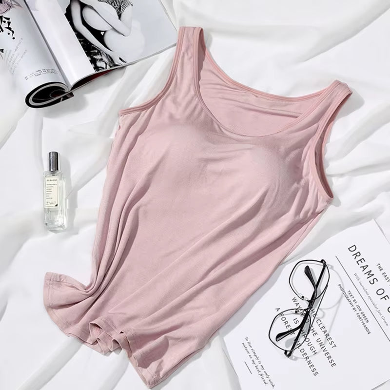 2023 Women'S Vest Tops with Built in Bra Neck Vest Solid Color Padded Slim Fit Tank Tops Sexy Shirts Feminino Casual Tank Tops