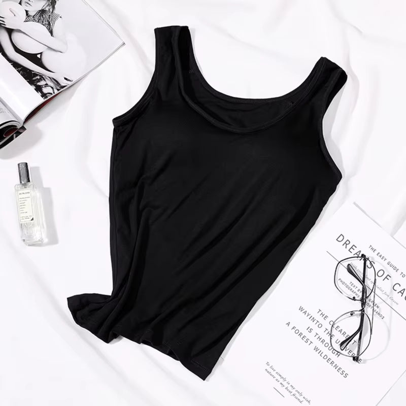 2023 Women'S Vest Tops with Built in Bra Neck Vest Solid Color Padded Slim Fit Tank Tops Sexy Shirts Feminino Casual Tank Tops
