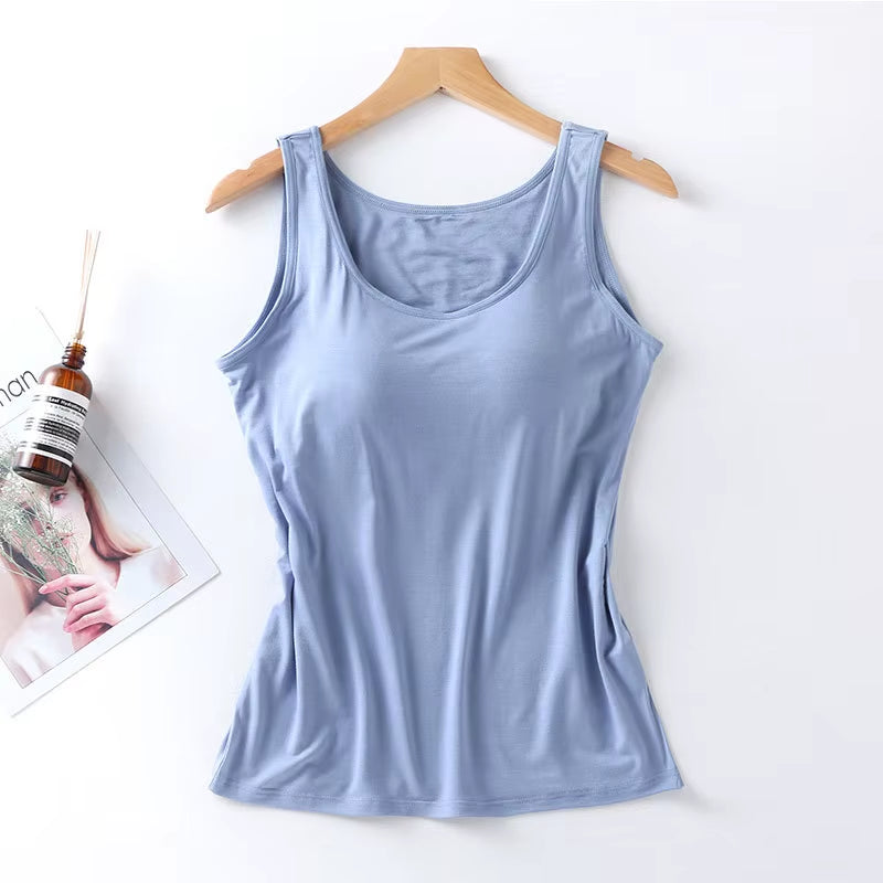 2023 Women'S Vest Tops with Built in Bra Neck Vest Solid Color Padded Slim Fit Tank Tops Sexy Shirts Feminino Casual Tank Tops