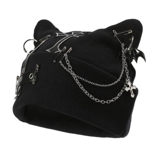 Gothic Cat Ear Beanie with Punk Chain & Bat Charm